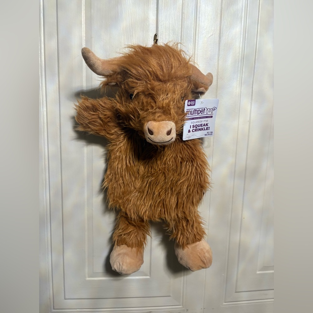 Multipet Highland Cow Flat Dog Toy w/Squeaker & Crinkle Body, Brown, New 17”